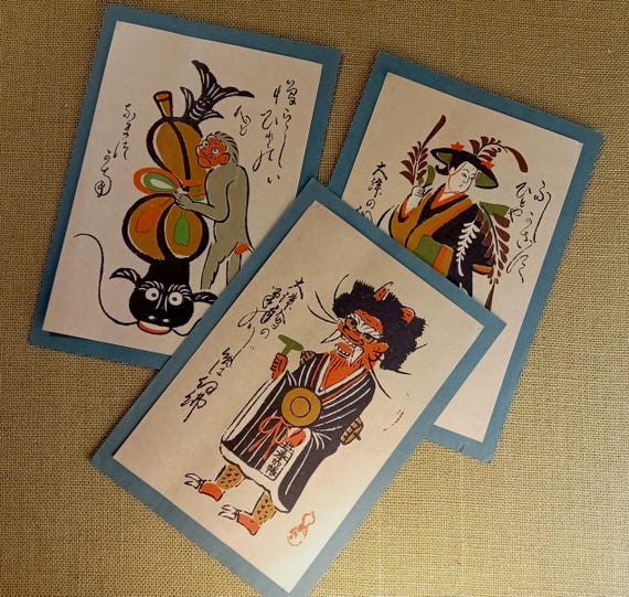 Vintage Shōwa Japanese hand-printed set of 3 mounted artworks – folk grotesque series