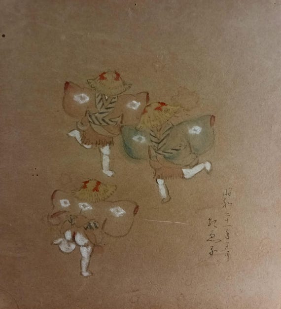 Vintage Taishō–early Shōwa Japanese painting shikishi – small genre composition