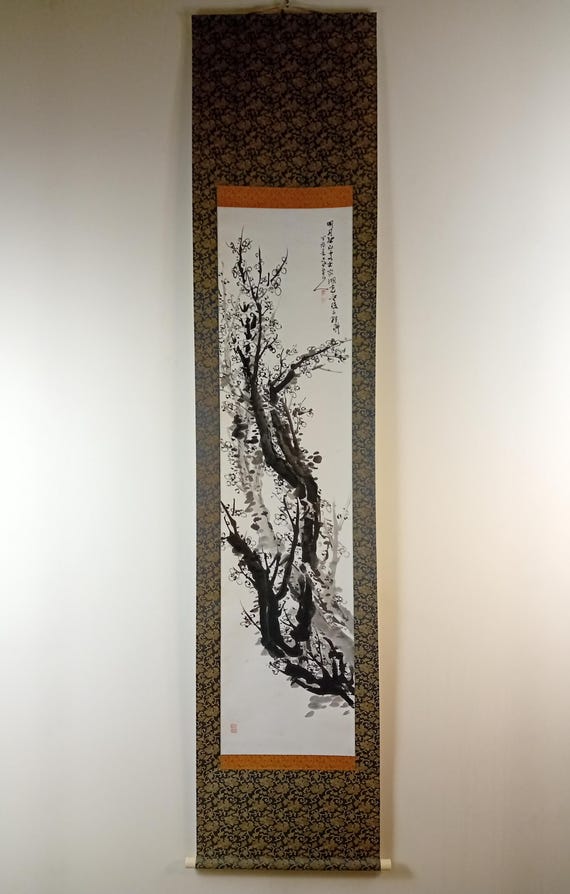 Vintage Japanese Scroll, Wooden Box, Sumi-e, Ink Painting on washi, Kakejiku, Kakemono, Wall Hanging, #907, long, 212 cm, Plum blossoms