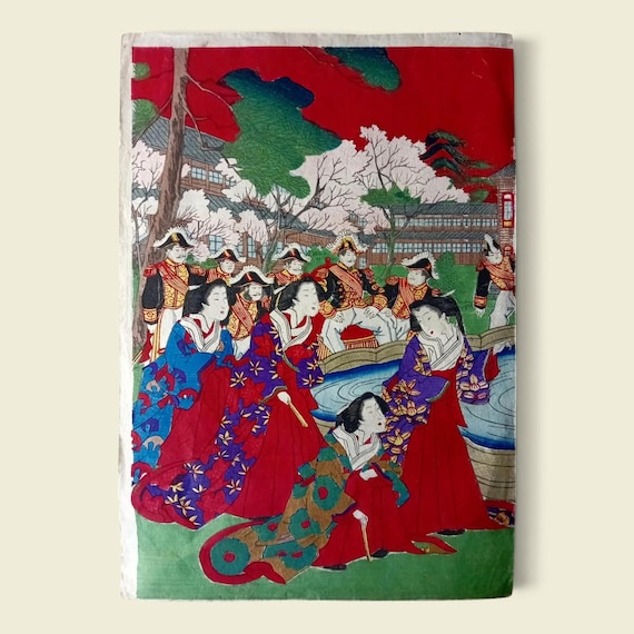 Kobayashi Toshimitsu, Antique Japanese woodblock print, Fountain at Ueno Park, Original, 1881 Meiji period, Ukiyo-e, Woodcut, Full size