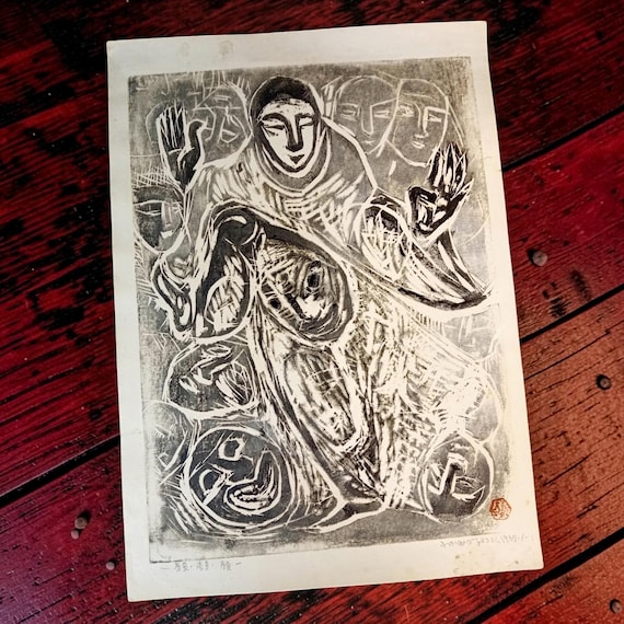 Vintage Japanese woodblock print – expressive figure composition