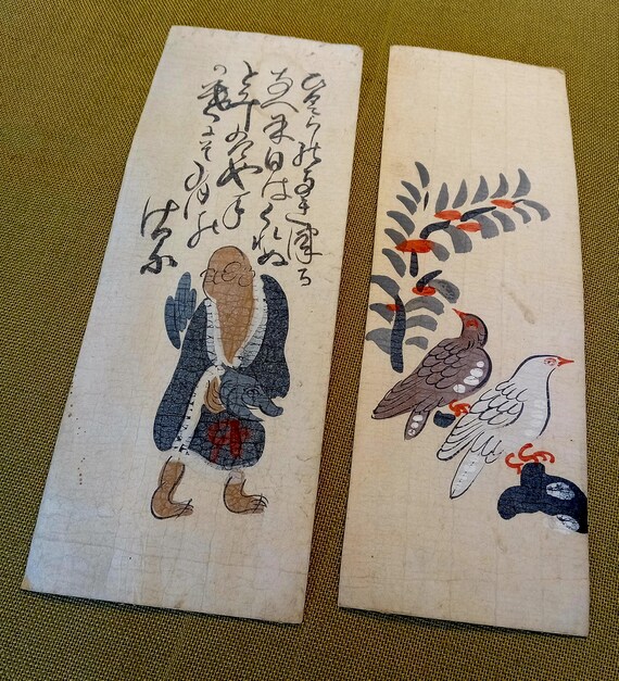 Antique Japanese Otsu-e Folk Art Pair — Edo Period — Calligraphy & Birds — Original Hand-Painted