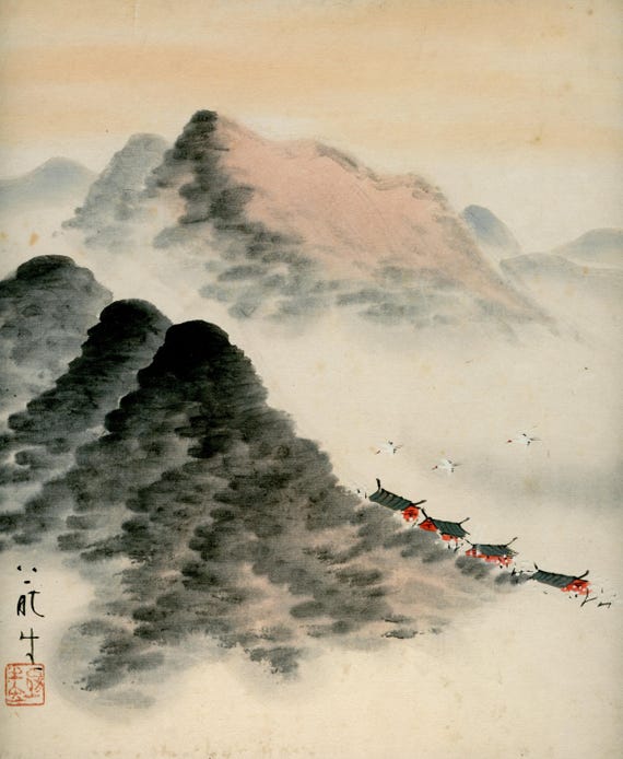 Antique (Vintage) Japanese Sumi-e, Original Painting 1920s-1950s Shōwa period, Ink Drawing on Shikishi,  Minimalism #832 Wall Hanging