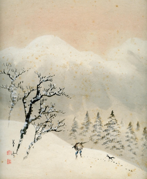 Antique (Vintage) Japanese Sumi-e, Original Painting 1920s-1950s Shōwa period, Ink Drawing on Shikishi,  Minimalism #832 Wall Hanging
