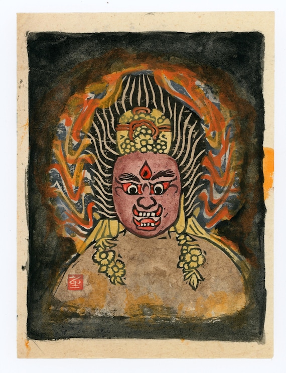 Vintage Japanese hand-painted woodblock print, Authentic, Buddhism, Woodcut