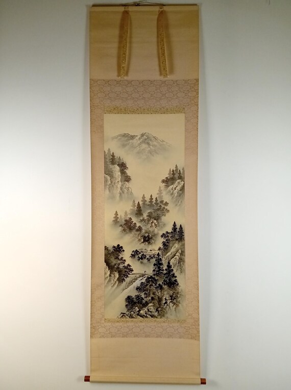 Vintage Japanese ink scroll “Mountain Path in Mist”, Shōwa kakemono (kakejiku) #1815