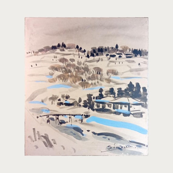 Shigeo Ishikawa - Winter Village - Vintage Japanese Painting on Shikishi, 1960s