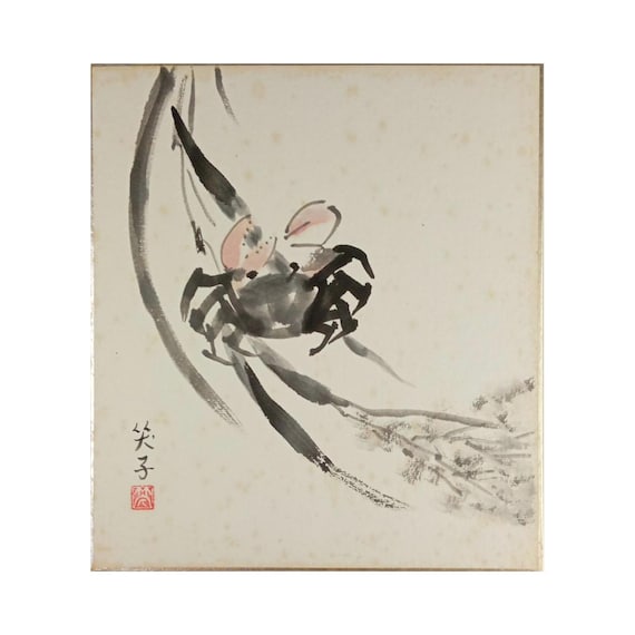 Crab on a Branch – Japanese Sumi-e Shikishi Painting, Showa Period