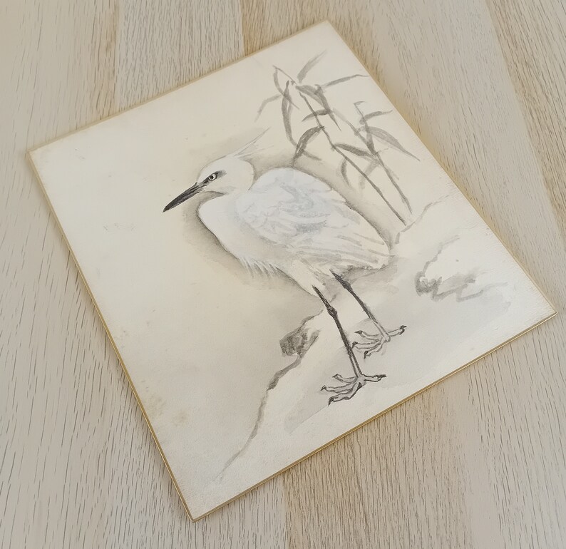 Sumi-e japonais antique, Shikishi du Japon, peinture à l'encre d'eau du Japon, art du Japon, peinture sur carton, 2048, oiseau japonais image 7