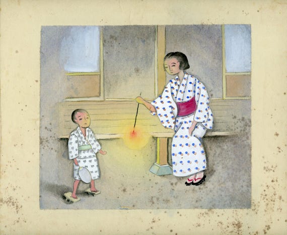 Vintage Japanese Sumi-e, Double-sided Original Ink Drawing on Shikishi, Showa era