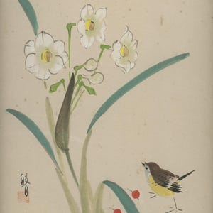Pintura vintage con tinta Shikishi, original japonesa Sumi-e, Ukiyo-e, mediados del siglo XX (Showa), papel washi, cartón, para colgar en la pared.