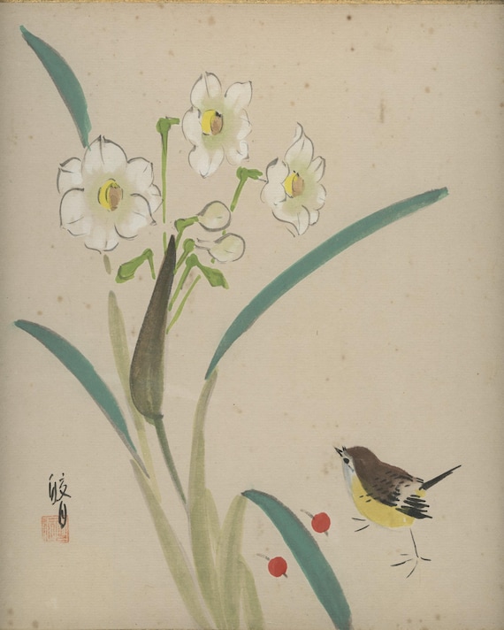 Vintage Shikishi Ink Painting, Original Japanese Sumi-e, Ukiyo-e, Mid 20th Century (Showa), Washi paper, cardboard, Wall Hanging