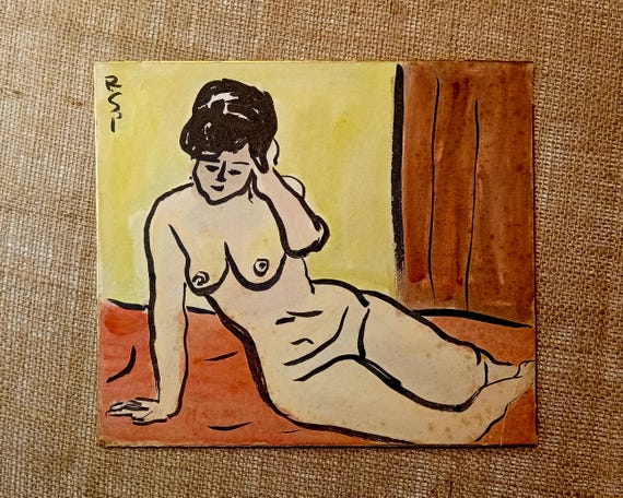 Vintage Japanese Sumi-e, Original Painting 1920s-1950s Shōwa period, Ink Drawing on Shikishi, Asian Art, Minimalism #832 Signed R. Sakai