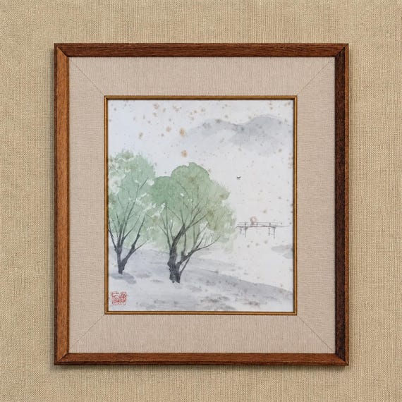 The Red Parasol and the Passing Bird - Japanese Shikishi Painting, c. 1930-50s