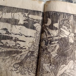 May include: Open book with Japanese woodblock prints. One page shows a landscape with mountains, trees, and birds. The other page depicts figures in a nighttime scene with a moon and a wooden structure.