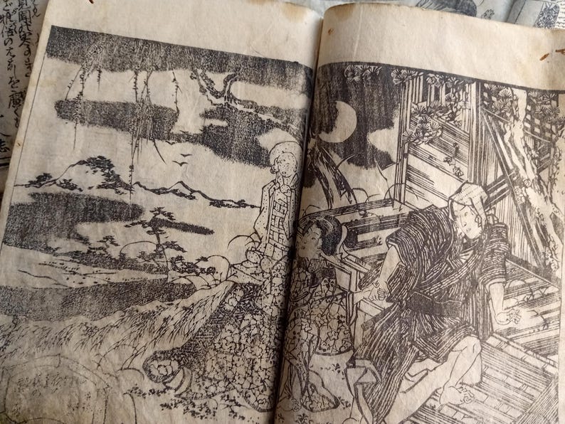 May include: Open book with Japanese woodblock prints. One page shows a landscape with mountains, trees, and birds. The other page depicts figures in a nighttime scene with a moon and a wooden structure.