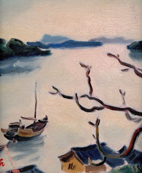 Antique Japanese Oil Painting, Kisaburo Ienaga 家永騏三郎, Shikishi, Japanese Art, Painting on Cardboard, #2073