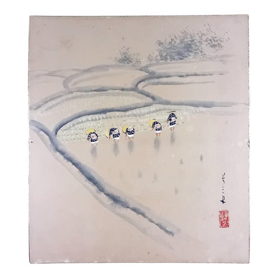 Japanese Rice Planting – Vintage Shikishi Painting, Ink and Color, Mid-Showa Period, 1950s–1960s