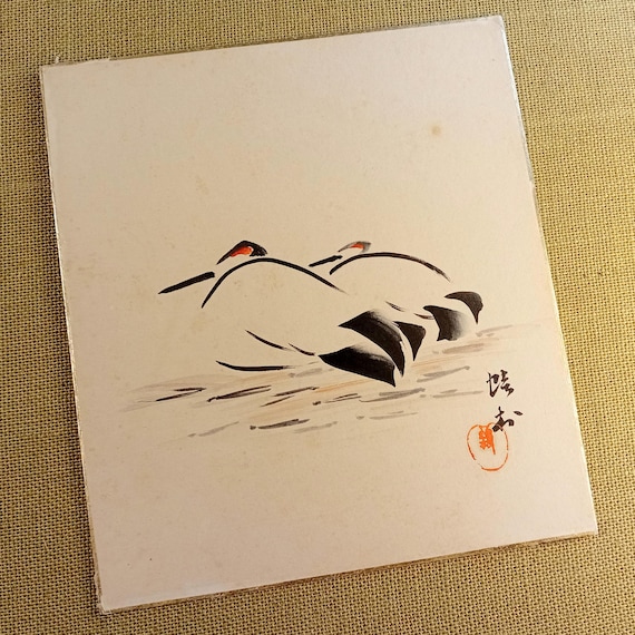 Vintage Shōwa Japanese ink shikishi – abstract pair study