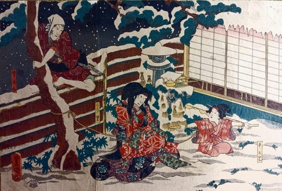 Vintage Japanese woodblock print by Utagawa Kunisada (Toyokuni III), rare snow scene, late Edo