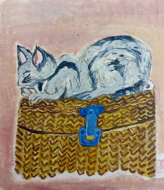 Vintage Shōwa Japanese painting shikishi – sleeping cat on basket