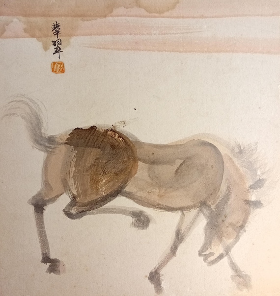 Vintage Japanese shikishi with an ink-and-wash horse study, early–mid Shōwa period
