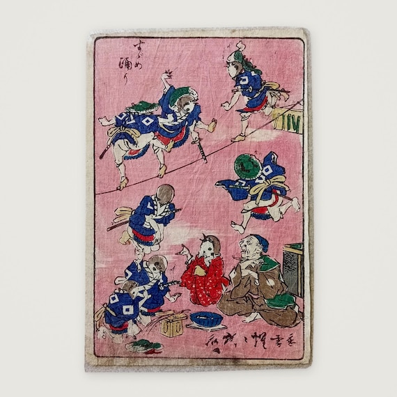 Kawanabe Kyōsai - Sparrow Dance - antique Japanese woodblock print from Kyōsai Hyakuzu, 1863