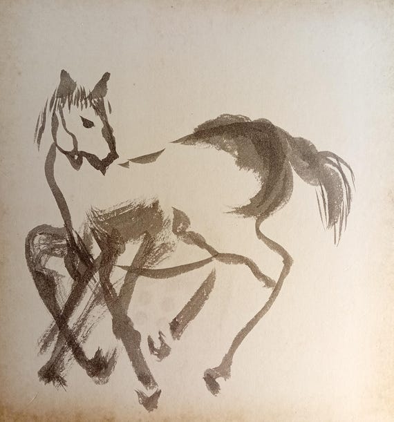 Vintage Japanese ink horse — double-sided shikishi (early–mid Shōwa)