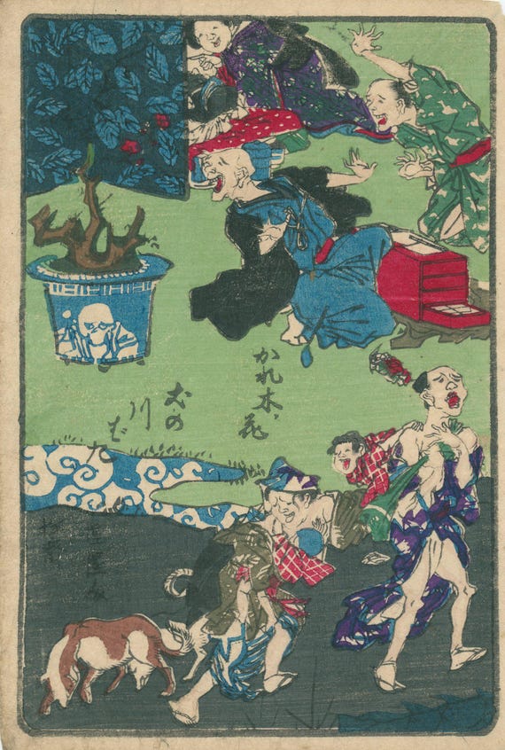 Kawanabe Kyosai woodblock “Flower on a Withered Tree / Strolling Like a Dog on the Riverbank”, Edo satire 1863–66