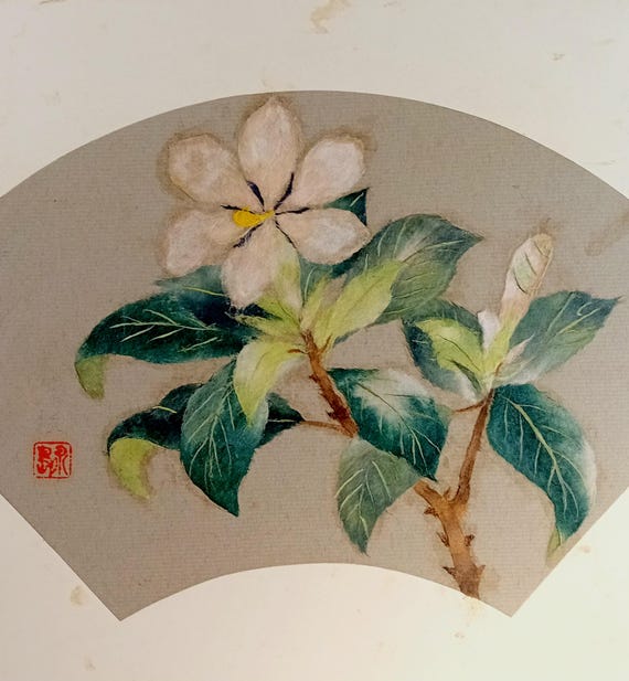 Vintage Shōwa Japanese ink and watercolor shikishi – Flower branch