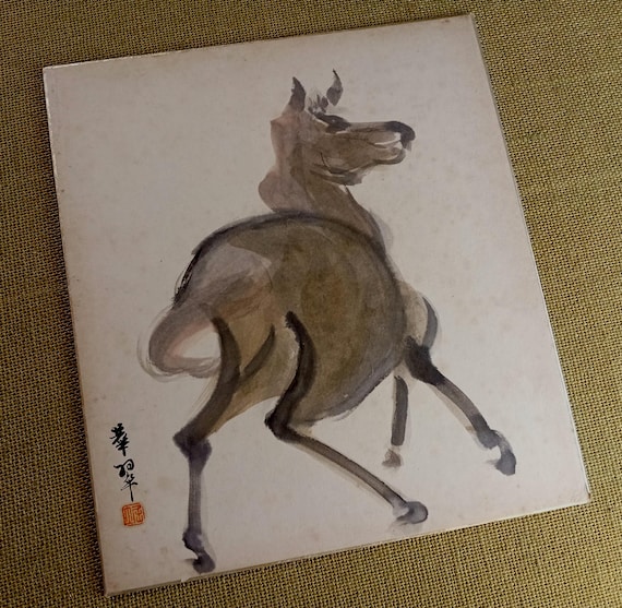 Vintage Japanese shikishi with ink horse study, early–mid Shōwa