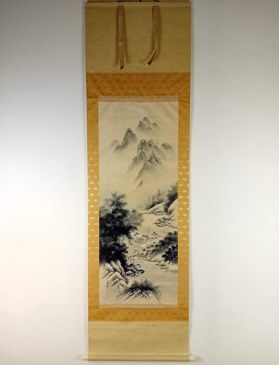 Vintage Japanese ink scroll “Mountain Village in Mist”, kakemono (kakejiku), late Shōwa period #1817