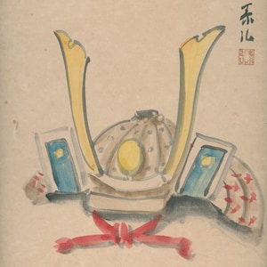 Vintage Showa Shikishi – Samurai Kabuto Watercolor, Signed & Sealed, 1950s–70s Japan