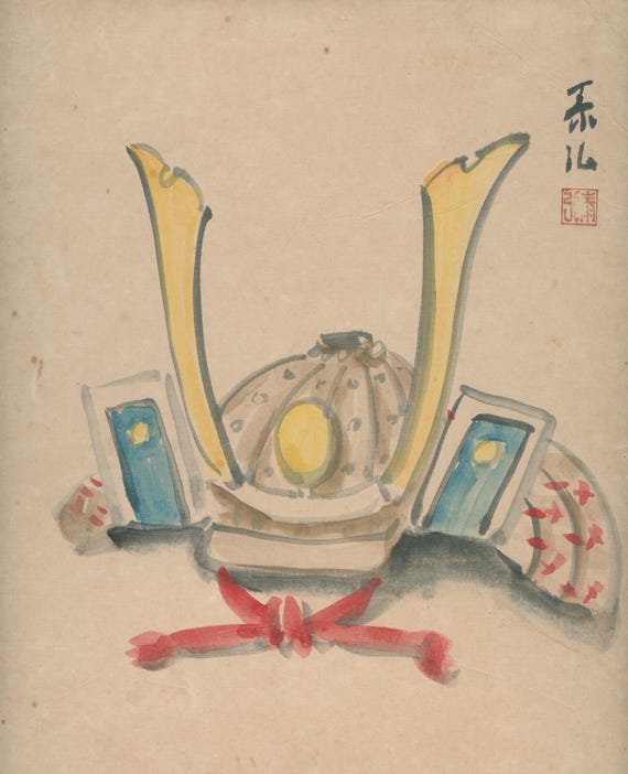 Vintage Showa Shikishi – Samurai Kabuto Watercolor, Signed & Sealed, 1950s–70s Japan