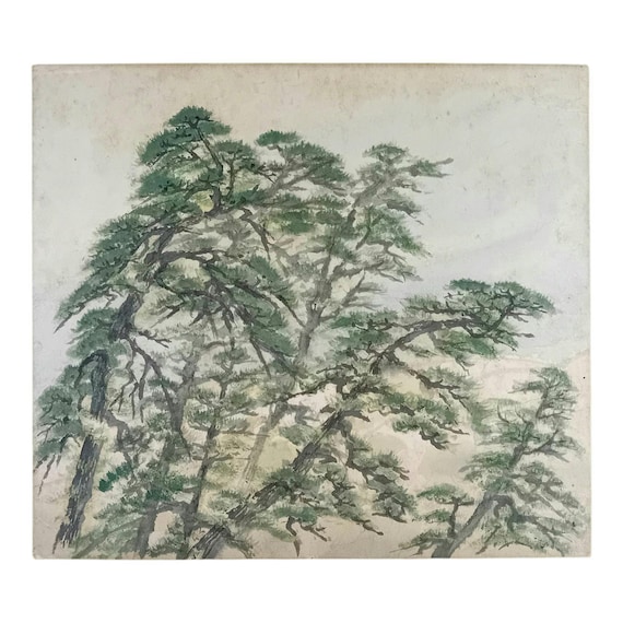 Japanese Pine Trees – Vintage Shikishi Painting, Ink and Color, Showa Period, 1930s–1950s