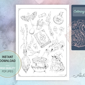 May include: A black and white coloring page featuring a witch's cauldron, a toad, a broom, a book, a skull, a key, an eye, a feather, a mushroom, and other magical objects. The text "Coloring Page" is in the top right corner.