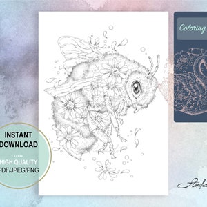 Op de afbeelding: Zwart-witte lijnkunst kleurplaat met een bij met bloemen en een groot oog. De bij is omringd door kleine bloemen en bloemblaadjes. De tekst "Coloring Page" staat in de rechterbovenhoek van de afbeelding.