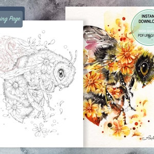 Op de afbeelding: Een zwart-gele hommel omringd door gele bloemen. De bij heeft een pluche lichaam en grote, ronde ogen. De bloemen bloeien en hebben delicate bloemblaadjes. De afbeelding is in aquarelstijl en heeft een zachte, dromerige uitstraling.