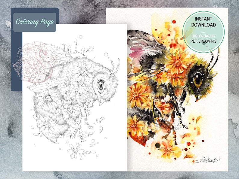 Op de afbeelding: Een zwart-gele hommel omringd door gele bloemen. De bij heeft een pluche lichaam en grote, ronde ogen. De bloemen bloeien en hebben delicate bloemblaadjes. De afbeelding is in aquarelstijl en heeft een zachte, dromerige uitstraling.