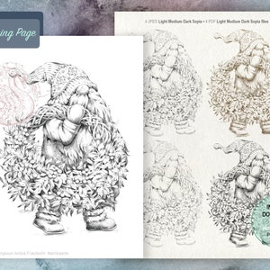 Gnome And The Christmas Wreath coloring page for adults and kids printable, Gnome Coloring page digital, Christmas Activity, 4 PDF 4 PEG A4