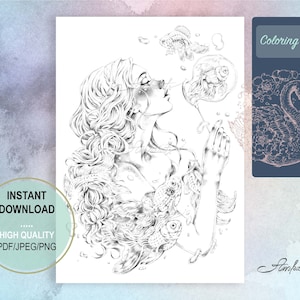 Lady Bubbles Goldfish Coloring Page FantasyFor Adults, PDF PNG JPG, Digital Download, Printable Coloring A4, Instant Dowload, Art Therapy