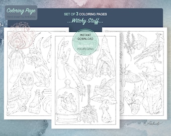 Witchy Coloring Pages: Set of 3 Spooky Line Art (PDF, JPG, PNG)