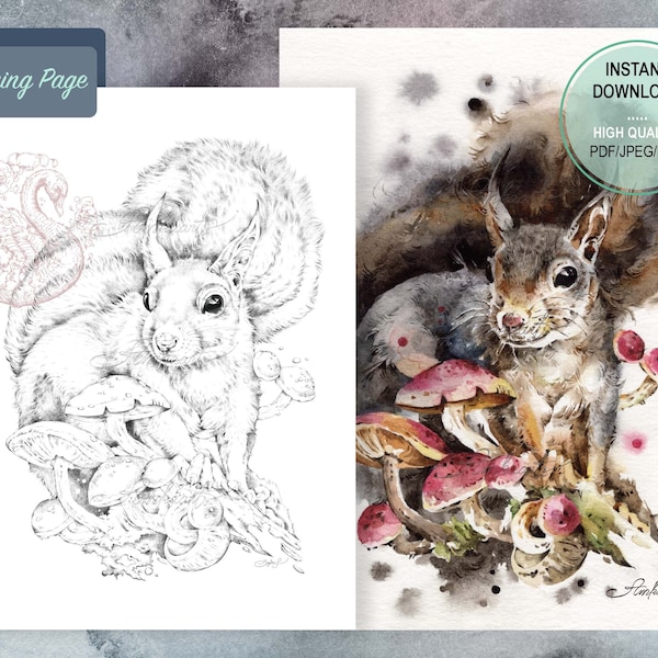 Eichhörnchen-Pilz-Malseite: Kunsttherapie zum Ausdrucken (PDF, PNG, JPG)