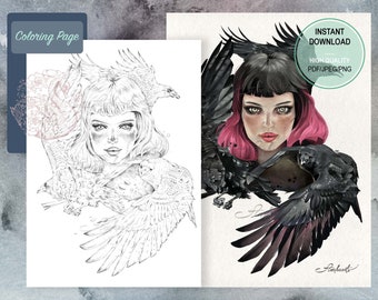 Crow Lady Coloring Page: Fantasy Art (PNG JPG PDF Digital Download)