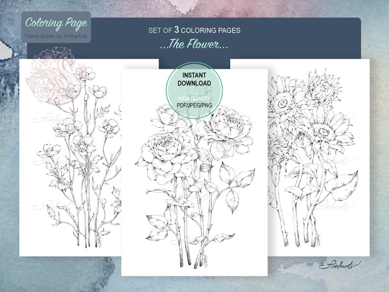 Set of 3 Floral Coloring Pages, Adult Teens Coloring Pages Activities ...