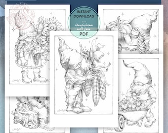 Autumn Gnome Coloring Pages | Hand-Drawn Fantasy Art (PDF)