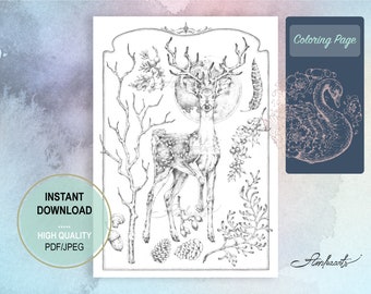 The Winter Deer colouring page for adults and kids printable, Colouring page digital download, Greyscale, Lineart colouring PDF PEG A4