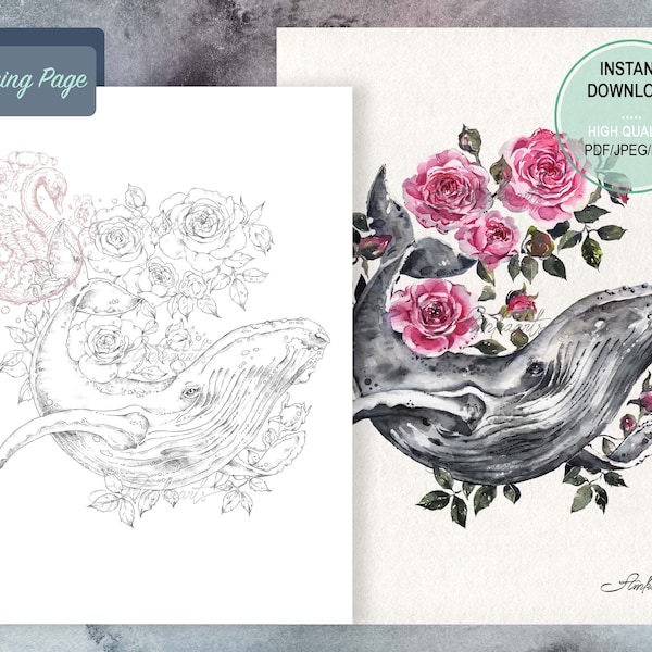 Wal und Rosen Malseite: Unter dem Meer Art (Digitaler Download)