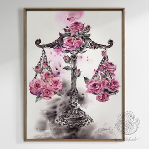 Zodiac Sign Libra Roses Wall Decor, Instant Download, Watercolor Wall Art Printable, Gift for Libra Star Sign Person, Libra Zodiac Art