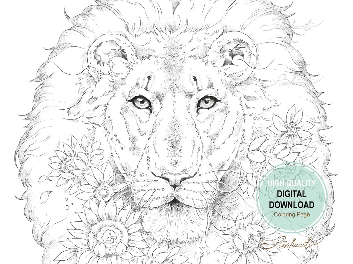 Lion and Sunflower Coloring Page Digital Download Coloring - Etsy
